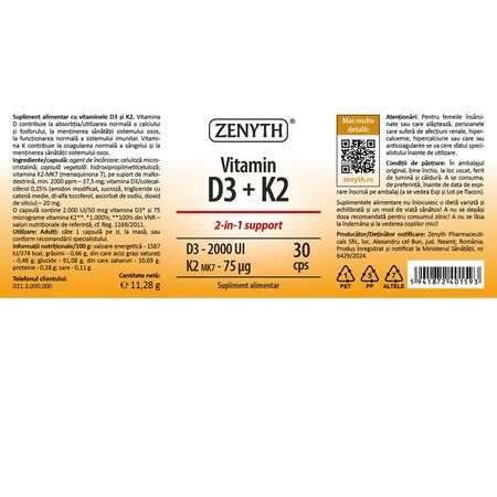 Vitamin D3  2000 UI + K2  75 mcg, 30 capsule, Zenyth 702794