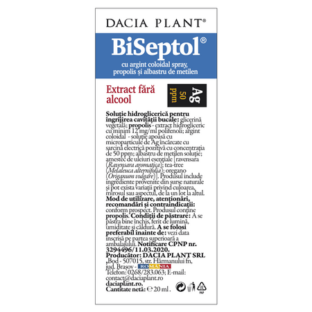 Biseptol spray cu albastru de metilen, argint coloidal si propolis, 20 ml, Dacia Plant 593092