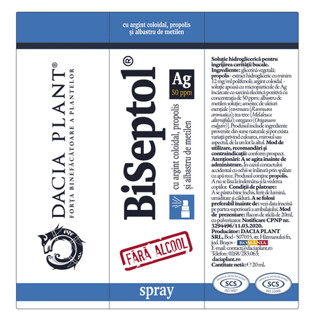 Biseptol spray cu albastru de metilen, argint coloidal si propolis, 20 ml, Dacia Plant 593091
