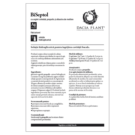 Biseptol spray cu albastru de metilen, argint coloidal si propolis, 20 ml, Dacia Plant 593093