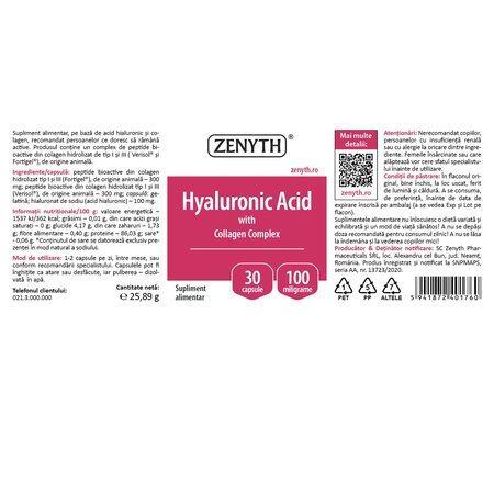Acid Hyaluronic cu Collagen Complex, 30 capsule, Zenyth 701570