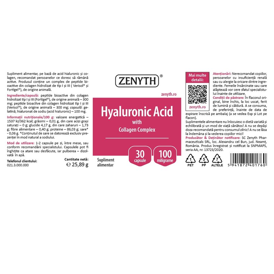 Acid Hyaluronic cu Collagen Complex, 30 capsule, Zenyth : Farmacia Tei ...