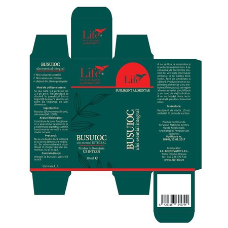 Ulei esential integral de busuioc Life, 10 ml, Bionovativ 705244