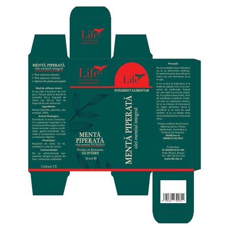 Ulei esential integral de menta piperata Life, 10 ml, Bionovativ 705686