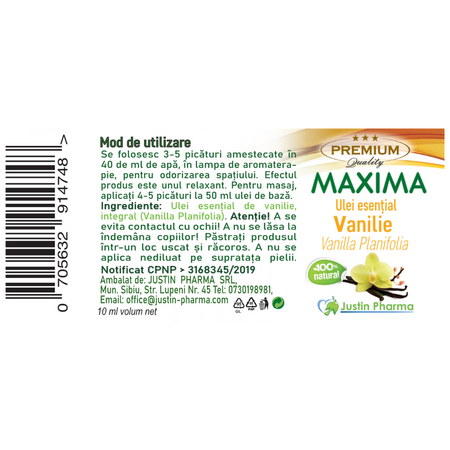 Ulei esential de vanilie Maxima, 10 ml, Justin Pharma 722083