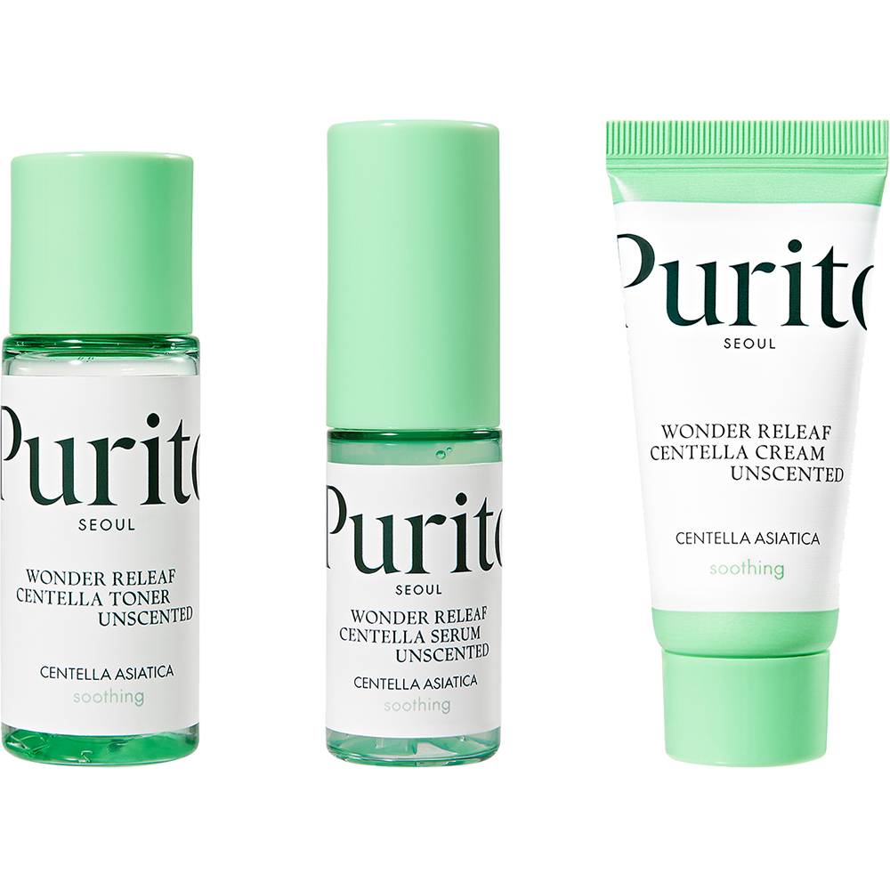 Kit Wonder Releaf Centella Unscented Toner, 30 ml + Serum, 15 ml + Crema, 15 ml, Purito