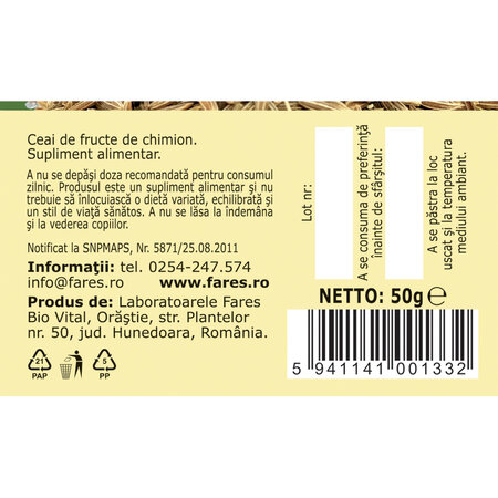 Ceai Chimion fructe D117, 50 g, Fares 617976