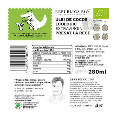 Ulei de Cocos Bio presat la rece, 280 ml, Republica Bio 701912