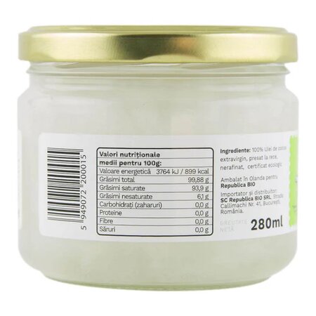 Ulei de Cocos Bio presat la rece, 280 ml, Republica Bio 610125