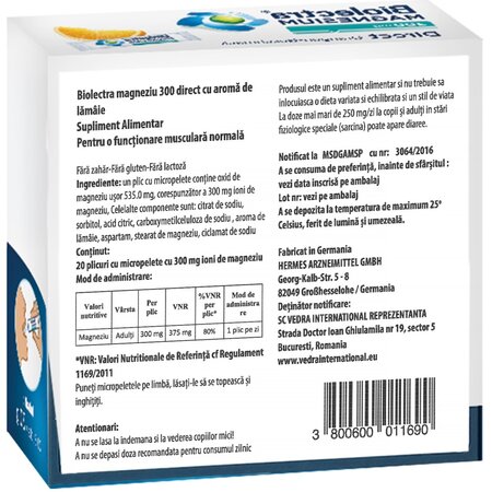 Magneziu cu aroma de lamaie Biolectra Magnesium Lemon, 300mg, 20 plicuri, Hermes Arzneimittel 711784