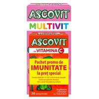 Pachet Ascovit Multivit cu aroma de zmeura , 60 comprimate + Ascovit cu Vitamina C aroma de capsuni, 20 comprimate, Omega Pharma