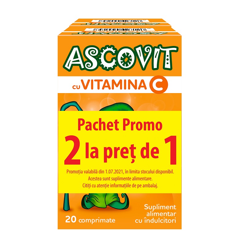 Pachet Ascovit cu Vitamina C aroma de piersica, 20 comprimate, ( 1 + 1 ), Omega Pharm