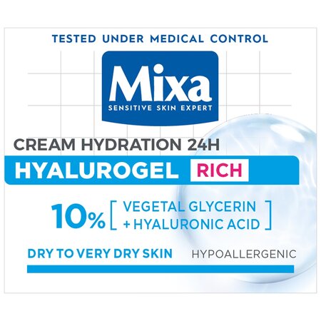 Crema intens hidratanta 24h cu acid hialuronic pentru piele uscata si foarte uscata Hyalurogel Rich, 50 ml, Mixa 695799