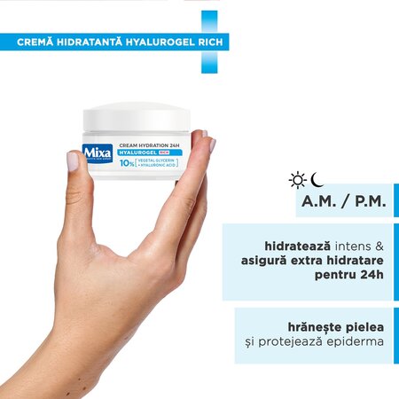 Crema intens hidratanta 24h cu acid hialuronic pentru piele uscata si foarte uscata Hyalurogel Rich, 50 ml, Mixa 695800