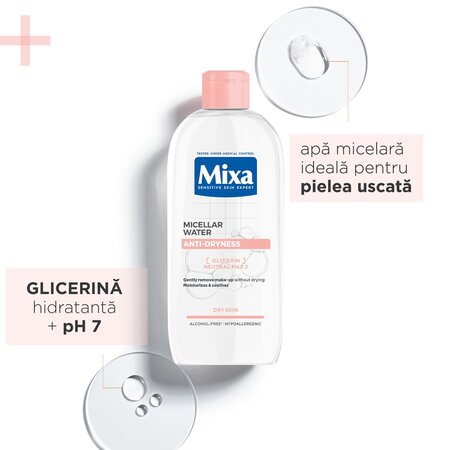 Apa micelara pentru ten sensibil si uscat Anti-Dryness, 400 ml, Mixa 695753