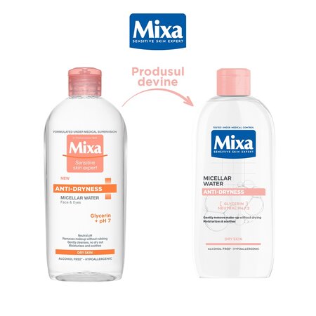 Apa micelara pentru ten sensibil si uscat Anti-Dryness, 400 ml, Mixa 695751