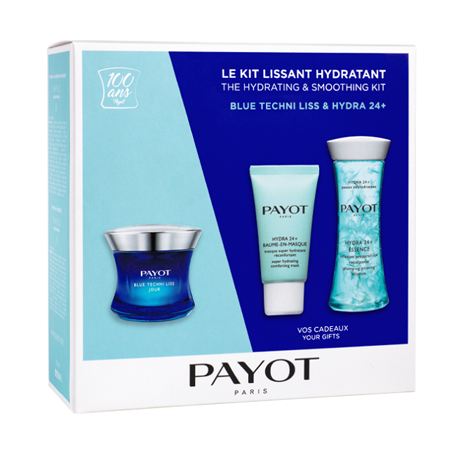 Pachet Crema crono-catifelanta pentru zi Blue Techni Liss, 50 ml + Masca hidratanta Hydra 24+, 15 ml + Infuzie hidratanta Hydra 24+ Essence, 125 ml, Payot