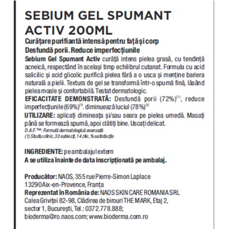 Gel spumant activ pentru fata si corp Sebium 25, 200 ml, Bioderma 675277