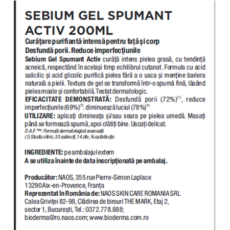 Gel spumant activ pentru fata si corp Sebium 25, 200 ml, Bioderma 675277