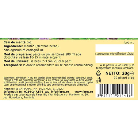 Ceai de menta Bio D127, 20 plicuri, Fares 604343