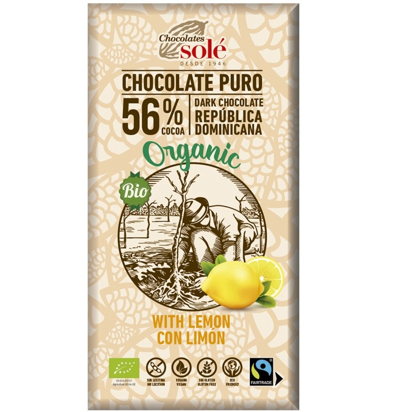 Ciocolata Bio fara gluten cu lamaie si 56% cacao, 100 gr, Pronat