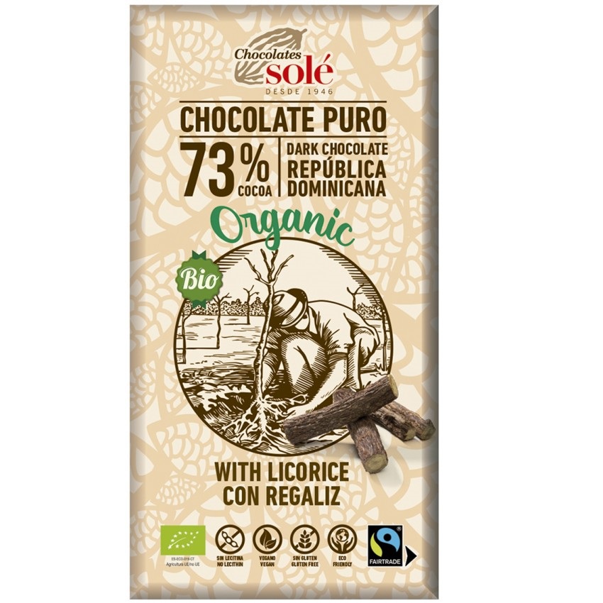 Ciocolata neagra bio fara gluten cu lemn dulce 73% cacao Chocolates Sole, 100 g, Pronat