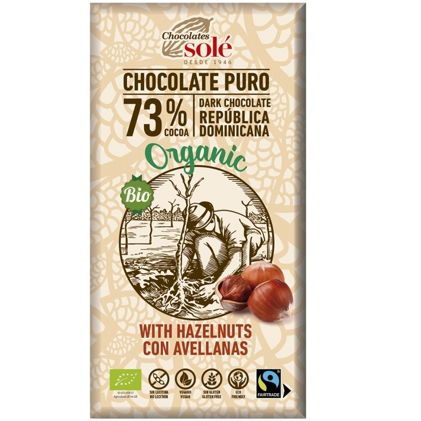 Ciocolata neagra Bio fara gluten cu alune de padure 73% cacao, 100 g, Pronat