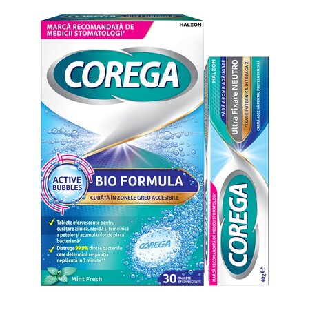 Pachet Tablete Bio Formula Corega, 30 tablete + Crema adeziva pentru proteza dentara Neutro Corega, 40 g, Gsk