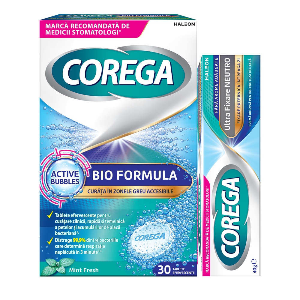 Pachet Tablete Bio Formula, 30 tablete + Crema adeziva pentru proteza dentara Neutro Corega, 40 g, Gsk (Haleon)