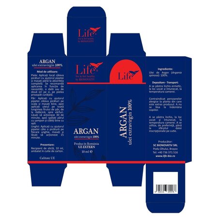 Ulei extravirgin 100% de argan Life, 10 ml, Bionovativ 705148