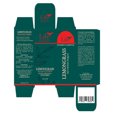 Ulei esential integral de lemongrass Life, 10 ml, Bionovativ 705436
