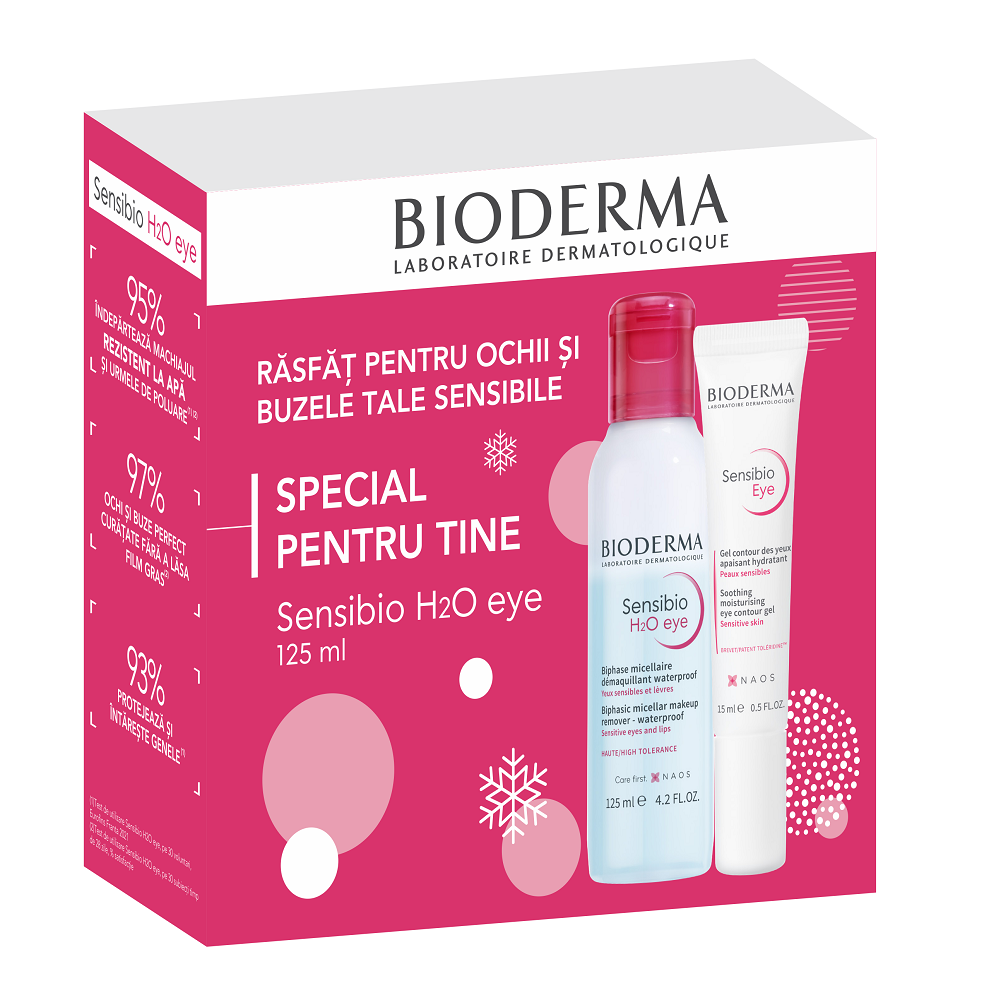 Pachet Gel contur ochi Sensibio, 15 ml + Solutie micelara bifazica Sensibio H2O eye, 125 ml, Bioderma