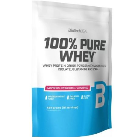 Pudra proteica fara gluten 100% Pure Whey Raspberry Cheesecake, 454 g, BioTech USA