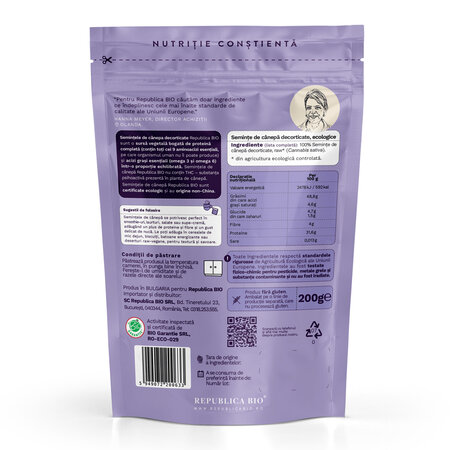 Seminte Bio de canepa decorticate, 200 g, Republica Bio 701953