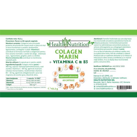 Colagen marin Forte + Vitamina B3 + Vitamina C, 60 capsule, Health Nutrition 705280