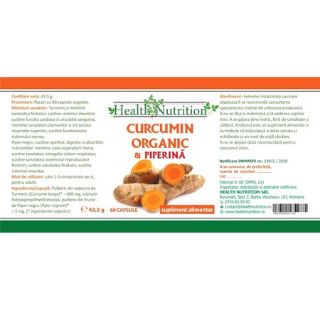 Curcumin Organic + Piperina, 60 capsule, Health Nutrition 705256