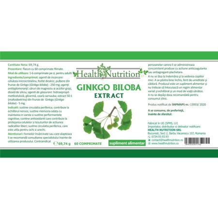 Ginkgo Biloba Extract, 60 comprimate, Health Nutrition 705107