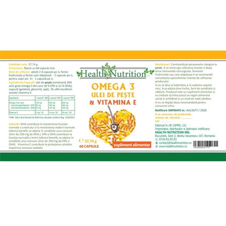 Omega3 ulei de peste 500 mg + Vitamina E 5 mg, 60 capsule moi, Health Nutrition 705162
