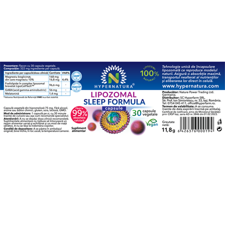 Lipozomal Sleep Formula, 30 capsule vegetale, Hypernatura 703948