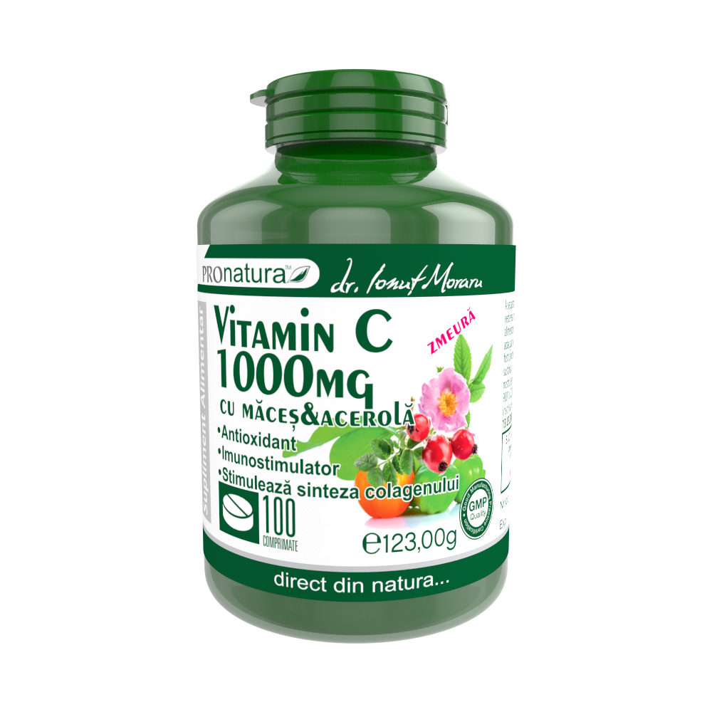 Vitamina C 1000 mg Zmeura cu macese si acerola, 100 comprimate, Pro Natura