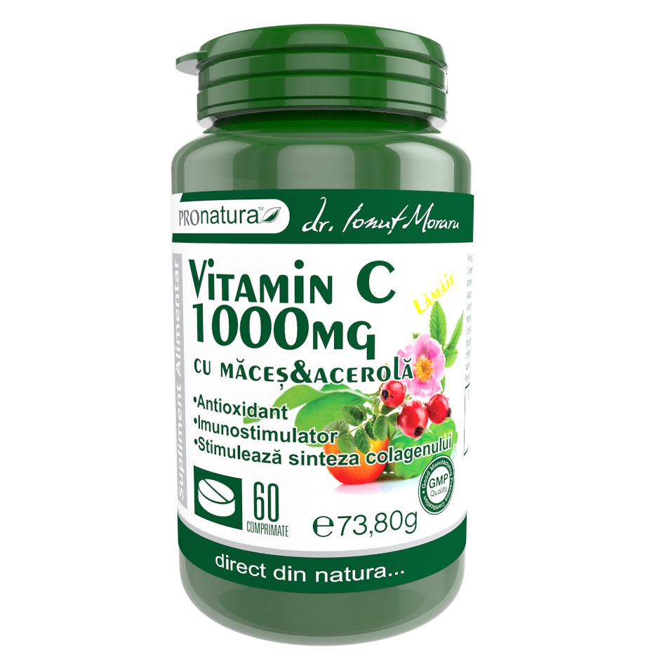 Vitamina C 1000mg cu macese si acerola cu lamaie, 60 comprimate, Pro Natura