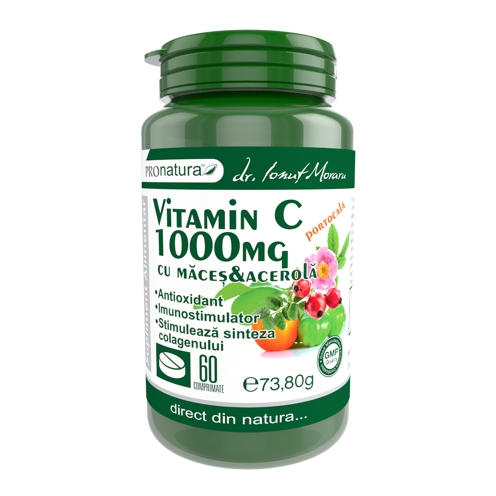 Vitamina C 1000mg cu macese si acerola cu portocala, 60 comprimate, Pro Natura