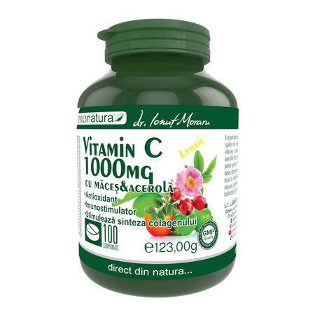 Vitamina C 1000 mg Lamaie cu macese si acerola, 100 comprimate, Pro Natura