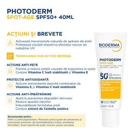 Gel-crema cu efect antioxidant impotriva petelor brune Photoderm Spot-Age, SPF 50+, 40 ml, Bioderma 737091