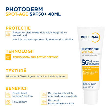 Gel-crema cu efect antioxidant impotriva petelor brune Photoderm Spot-Age, SPF 50+, 40 ml, Bioderma 737090