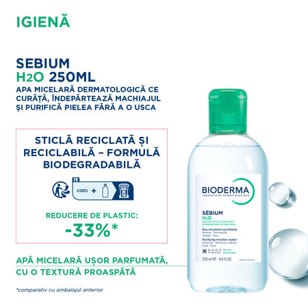 Solutie micelara pentru ten mixt si gras Sebium H2O, 250 ml, Bioderma 728378