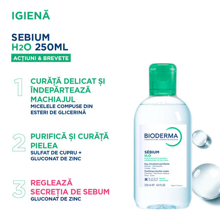 Solutie micelara pentru ten mixt si gras Sebium H2O, 250 ml, Bioderma 728377