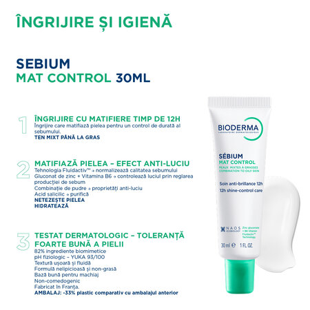 Fluid hidratant matifiant Sebium Mat Control, 30 ml, Bioderma 695025