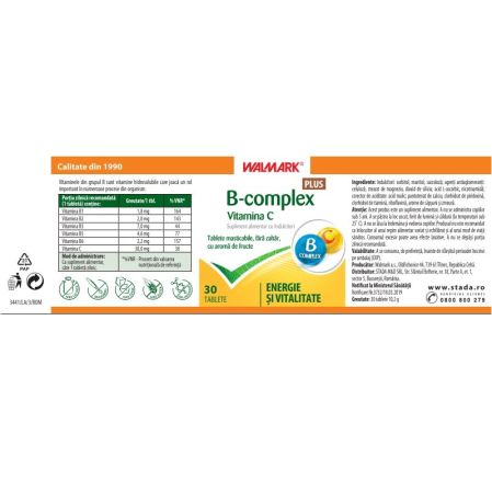 Pachet B Complex Plus Vitamina C, 30 + 30 tablete, Walmark 699675