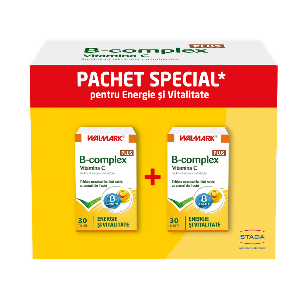 Pachet B complex Plus Vitamina C, aromă de fructe, 30 capsule + 30 capsule, Walmark